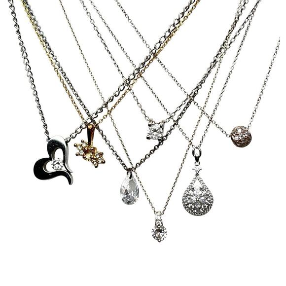 Rhinestone Pendant Necklace Lot 7 Gold And Silver Tone Wearable Delicate Sparkly - Picture 11 of 12